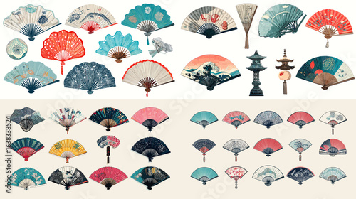 Elegant Japanese hand fan illustration set with intricate traditional patterns, scenic landscapes, and cultural decorative designs in various colors.