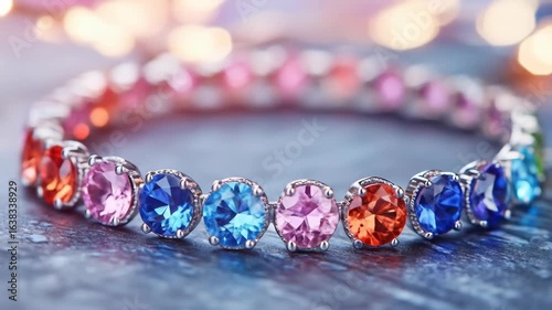 Bracelet with colorful gemstones on marble, bokeh background