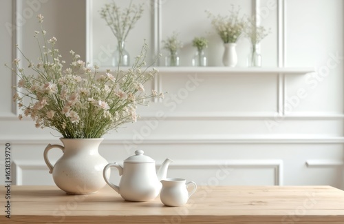 Wallpaper Mural Light wood table top with white teapot, creamer set beside vase of delicate flowers. Soft, blurred background with white paneled wall, shelves. Clean, cosy interior setting with ample copy space for Torontodigital.ca