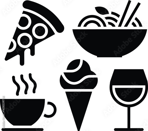 Collection of popular food and drink icons in black silhouette