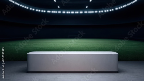 A modern stadium with bright lights illuminating a green field and a large empty podium in the foreground.