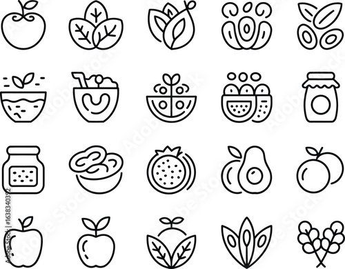 Collection of hand drawn icons representing fruits vegetables and healthy food items