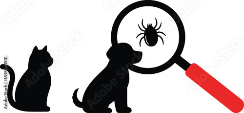
Silhouette of cat and dog with magnifying glass showing tick, pet parasite inspection, veterinary care, flea check, prevention concept