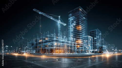 Wallpaper Mural A futuristic representation of a digitally constructed blueprint showcasing a brightly lit building alongside a construction crane symbolizing the advancement in architecture and engineering Torontodigital.ca