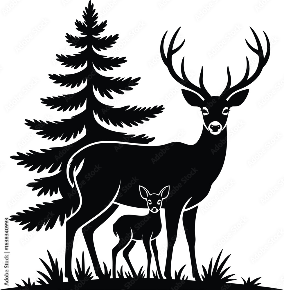 Naklejka premium Majestic stag and fawn beside pine tree deer forest