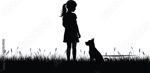 
Silhouette of girl with ponytail and dog sitting in tall grass, outdoor nature scene, pet companionship, child and dog friendship