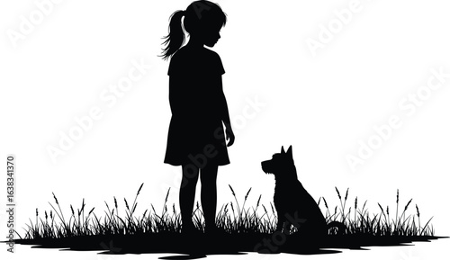 
Silhouette of little girl with ponytail and dog sitting in grass, outdoor scene, pet friendship, child and dog bonding