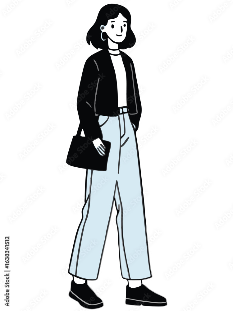 Stylized illustration of a woman in a black jacket and light blue pants with a black handbag fashion Stylized illustration of a woman in a black jacket and light blue pants with a black handbag fashion