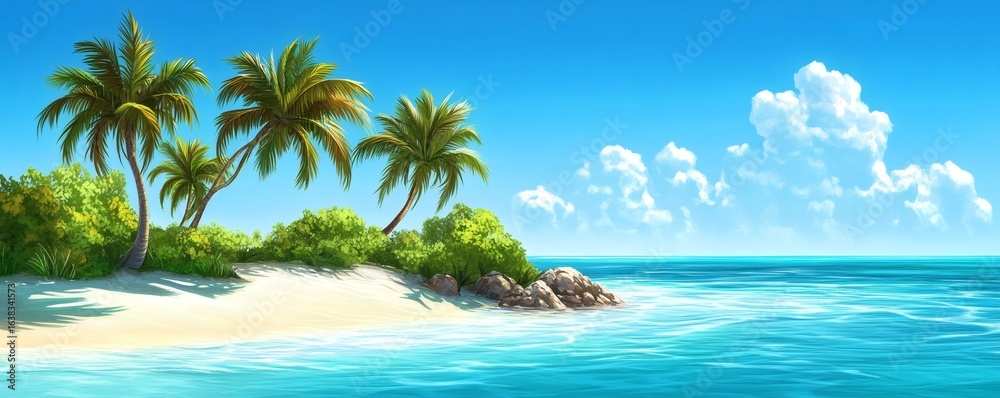 Fototapeta premium Tranquil island paradise with palm trees under a vibrant sky.