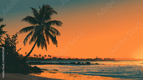 Palm tree silhouette on a beach during sunset with orange sky and calm ocean water reflecting light