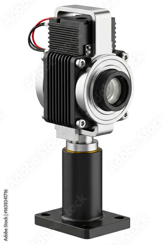 High-tech industrial machine vision camera on a mounting stand isolated on a transparent background