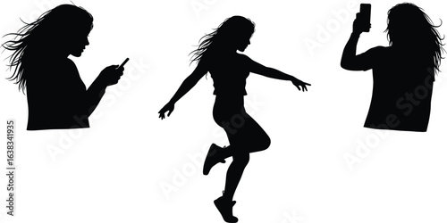 
Silhouette of young woman dancing, using smartphone, taking selfie, modern lifestyle, social media addiction, technology, freedom, mobile device concept.