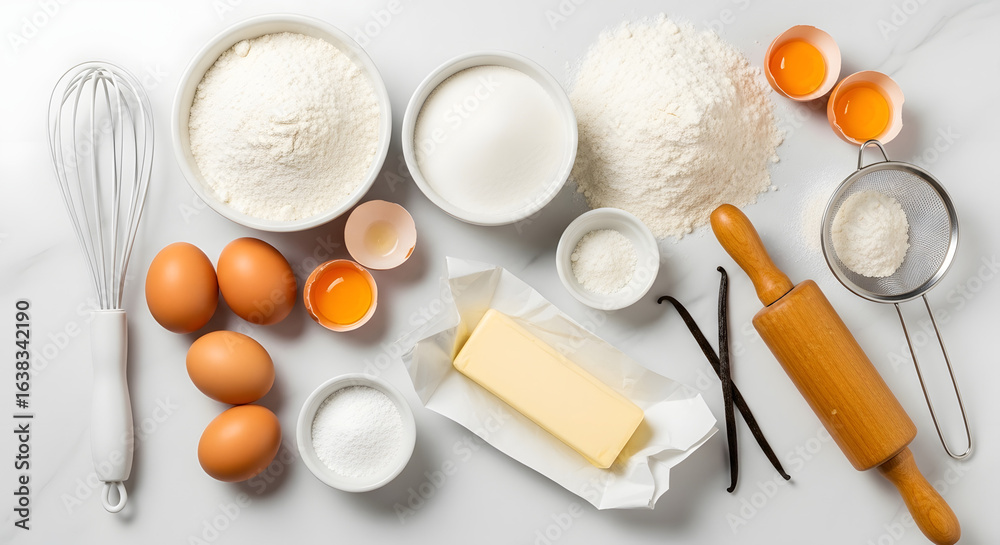 Fototapeta premium Light Colored Ingredients for Baking on White Surface