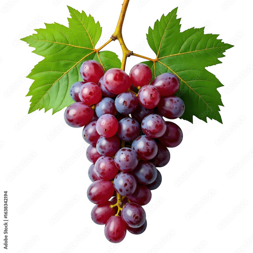 Fototapeta premium Close-up view of a ripe bunch of red grapes with green leaves on a black backdrop