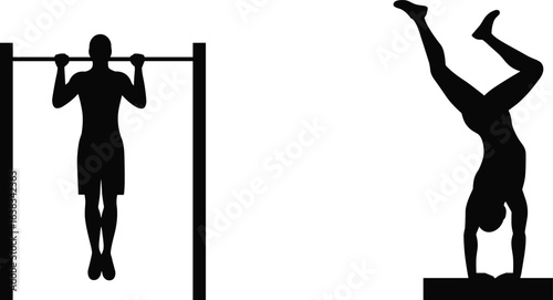 
Silhouettes of athletic man doing pull-up and handstand exercises — fitness, gym, workout, strength training vector illustration