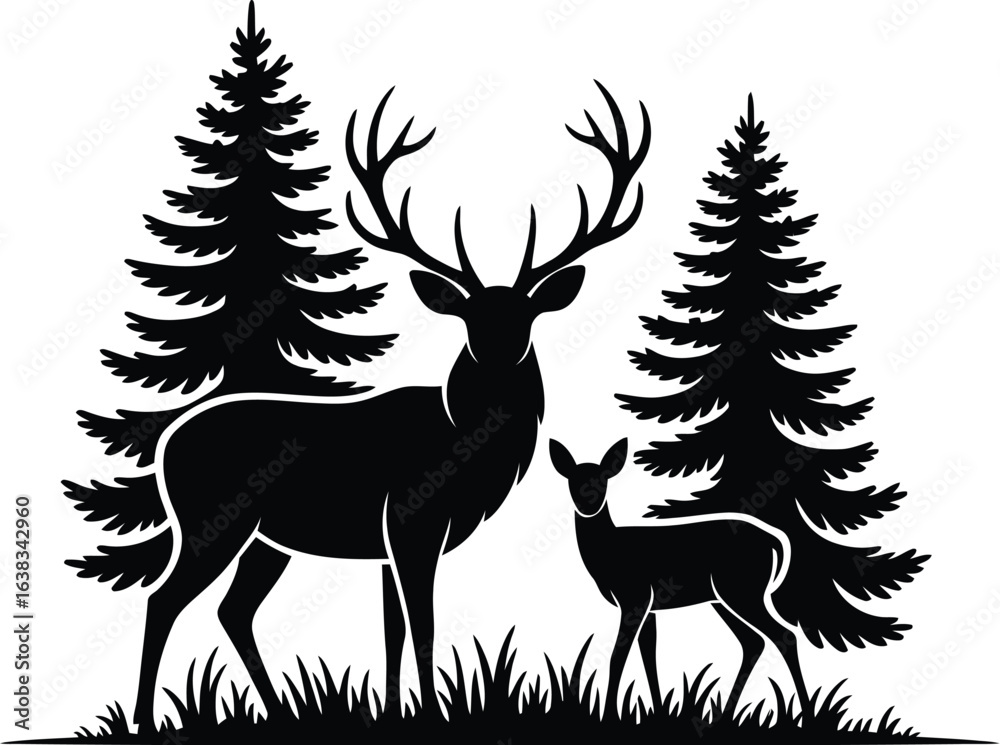 Obraz premium Majestic stag and fawn among pine trees deer forest