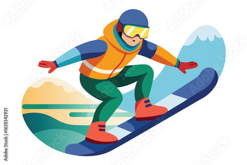 Monochrome Depiction of a Snowboarder in Action Against Mountainous Backdrop, Showcasing Winter Sports and Outdoor Adventure