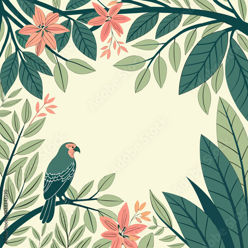 Tropical Parrot in Frame: An artful illustration depicts a vibrant parrot perched gracefully amidst a lush, stylized tropical foliage frame, with inviting blank space in the center.