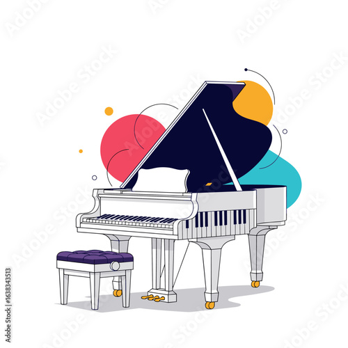 Elegant White Grand Piano With Colorful Abstract Musical Notes and Symbols