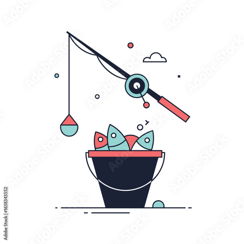 Catching Fresh Fish with a Fishing Rod and Bucket Filled