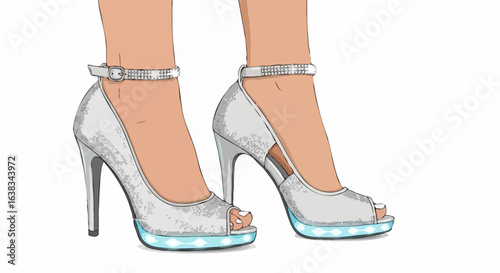 Woman's feet wearing glamorous shiny silver high-heels with ankle straps and light-up soles against a white background
