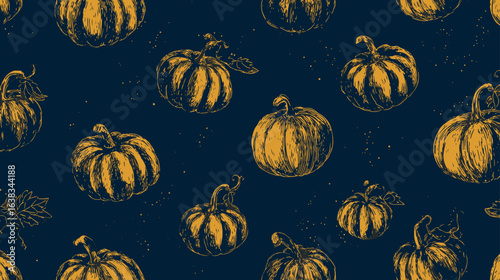 Hand drawn Halloween pumpkin pattern with orange and blue pumpkins in vintage rustic vector style