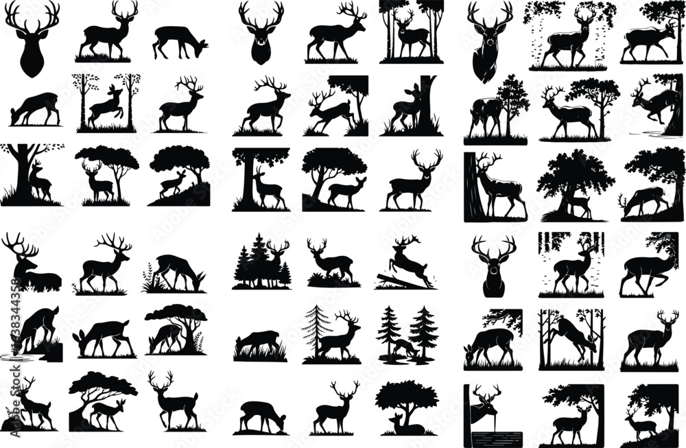Fototapeta premium Deer with Antlers in Forest Silhouette – Wildlife Icon Set Majestic Deer in Woods Silhouette – Nature Animal Icon