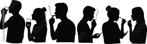 
Silhouettes of people drinking, smoking, and using makeup, addiction and lifestyle habits concept, vector illustration of modern human behaviors.