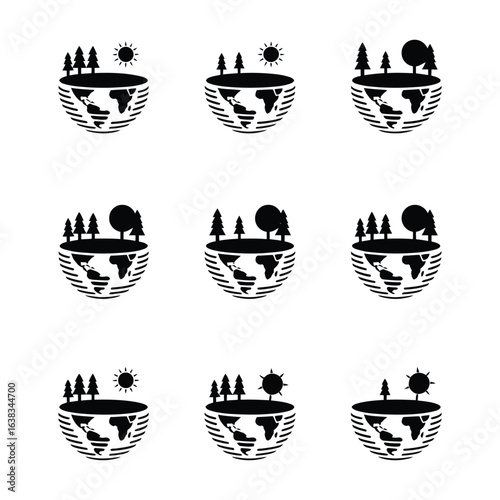 Set of simple black and white icons for World Ozone Day vector silhouette isolated black and white