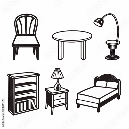 Furniture set with chair, table, lamp, bookcase, nightstand and bed isolated on white background