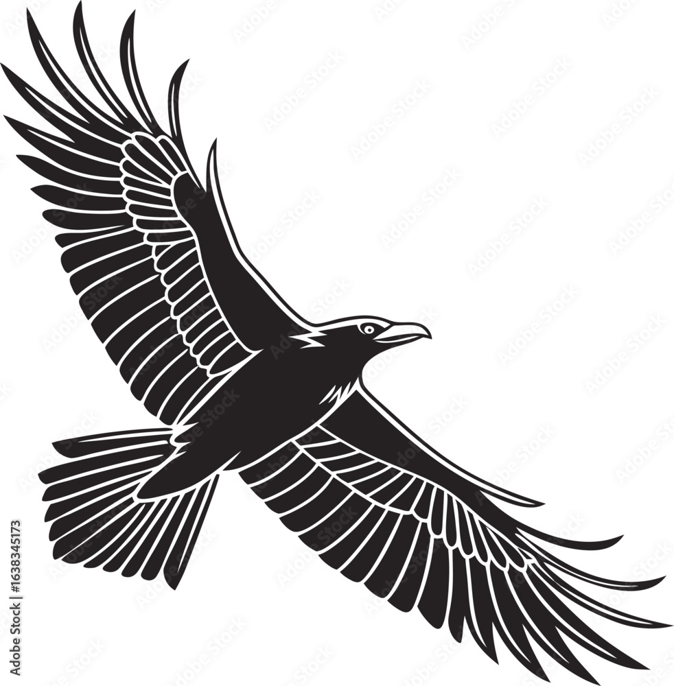 Fototapeta premium Vector illustration of silhouette of a bird with open wings flying on a white background.