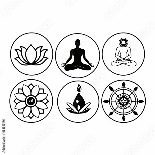 Collection of yoga and meditation symbols isolated on white background, including lotus flower and human figure