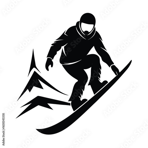 Monochrome Depiction of a Snowboarder in Action Against Mountainous Backdrop, Showcasing Winter Sports and Outdoor Adventure