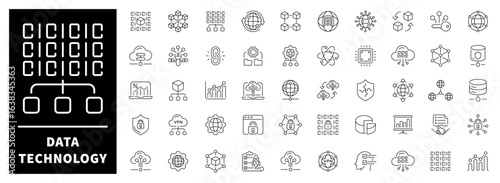 Data technology vector icons in line style. Large set of 50 linear icons focusing on data storage, cloud services, and digital processing.