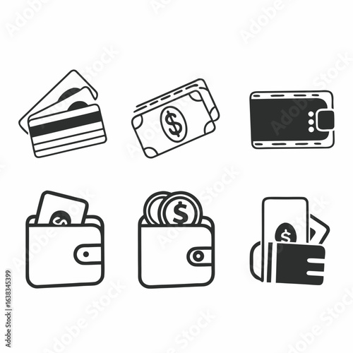 Set of wallet and money icons isolated on white background for business and finance concept