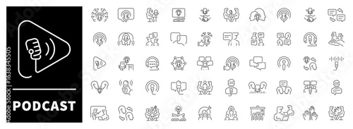 Podcast vector icons in line style. Podcast, microphones, sound waves, headphones, and media tools illustrated in minimalistic linear style.