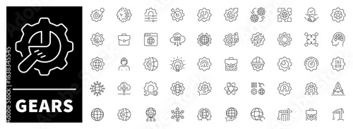 Gear vector icons in line style. Gear related icons. Mechanical gear wheels, interlocking cogwheels