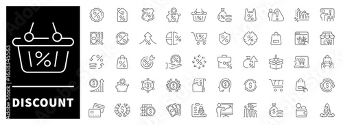 Discount vector icons in line style. Percentage tags, price cuts, sale banners, coupons, and promo badges. Discount and shopping offers