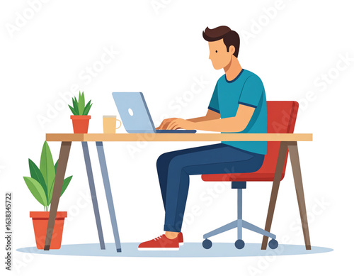 Flat style freelancer working at desk transparent background 