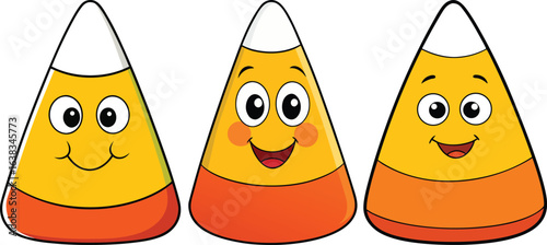 Three cheerful cartoon candy corn characters with happy faces and smiling expressions on a white background