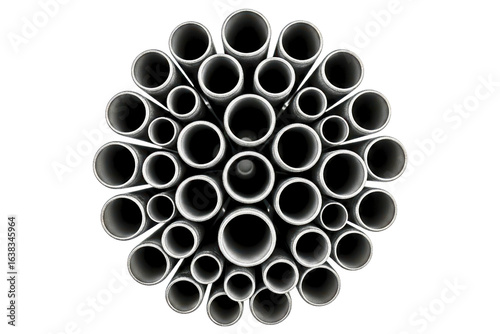 Top-down view of a bundle of round metal industrial pipes isolated on a transparent background