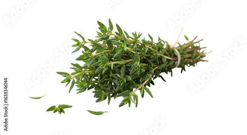 Closeup shot of fresh thyme bundle isolated on transparent background, showcasing its vibrant green leaves and delicate stems, perfect for culinary and herbal applications
