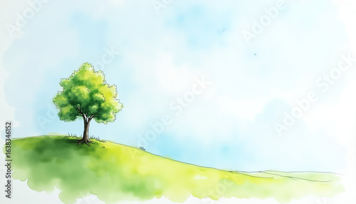 Green tree standing alone on a grassy hill under a blue sky  