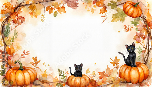 Halloween black cats and pumpkins in autumn leaves design with copy space for text