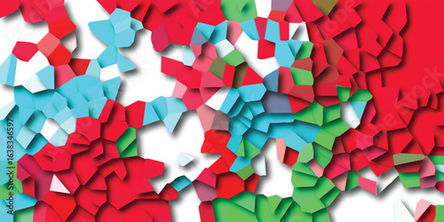 Colorful abstract geometric mosaic composition with shadows and various saturated colors on white background graphic design