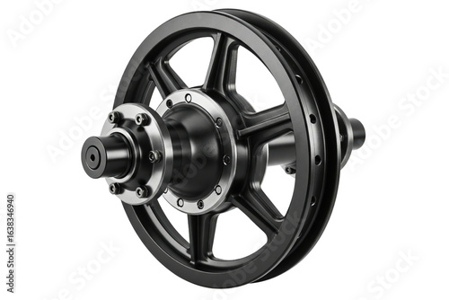 Industrial spoked wheel and hub assembly with a drive pulley isolated on a transparent background