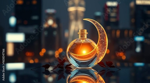 Perfume bottle w crescent moon design against a backdrop of blurred skyscrapers at night The bottle  leaves reflected on a glossy surface