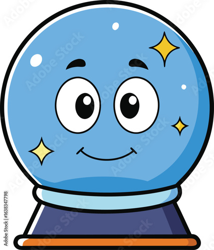 Cute cartoon crystal ball with a happy face and sparkling stars representing fortune telling and future prediction