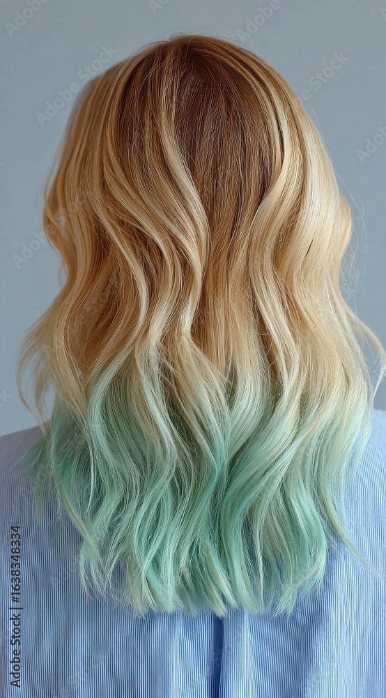 Naklejka premium Photo of a woman with striking blonde hair featuring a beautiful pastel green ombre effect transitioning from roots to tips showcasing a modern and stylish hairstyle