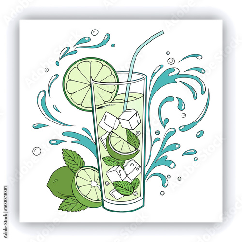 A tall glass of mojito, centered in the image. The glass is filled with ice cubes, lime wedges, and fresh mint leaves. Water splashes and swirling water droplets surround the glass, creating a dynami